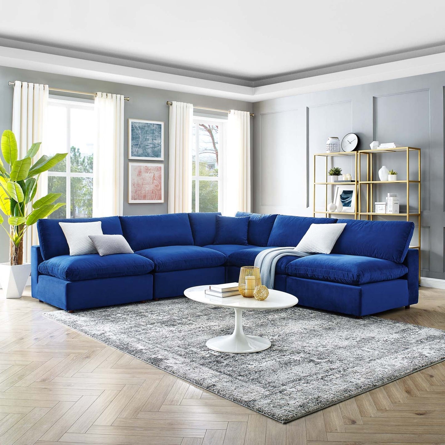 Commix Down Filled Overstuffed Performance Velvet 5-Piece Sectional Sofa